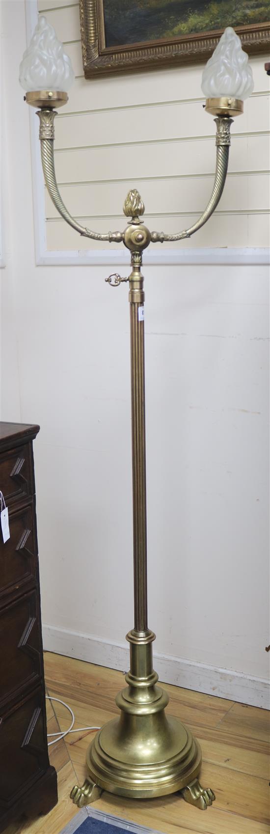 A gilt metal 2-branch telescopic lamp standard, H.185cm